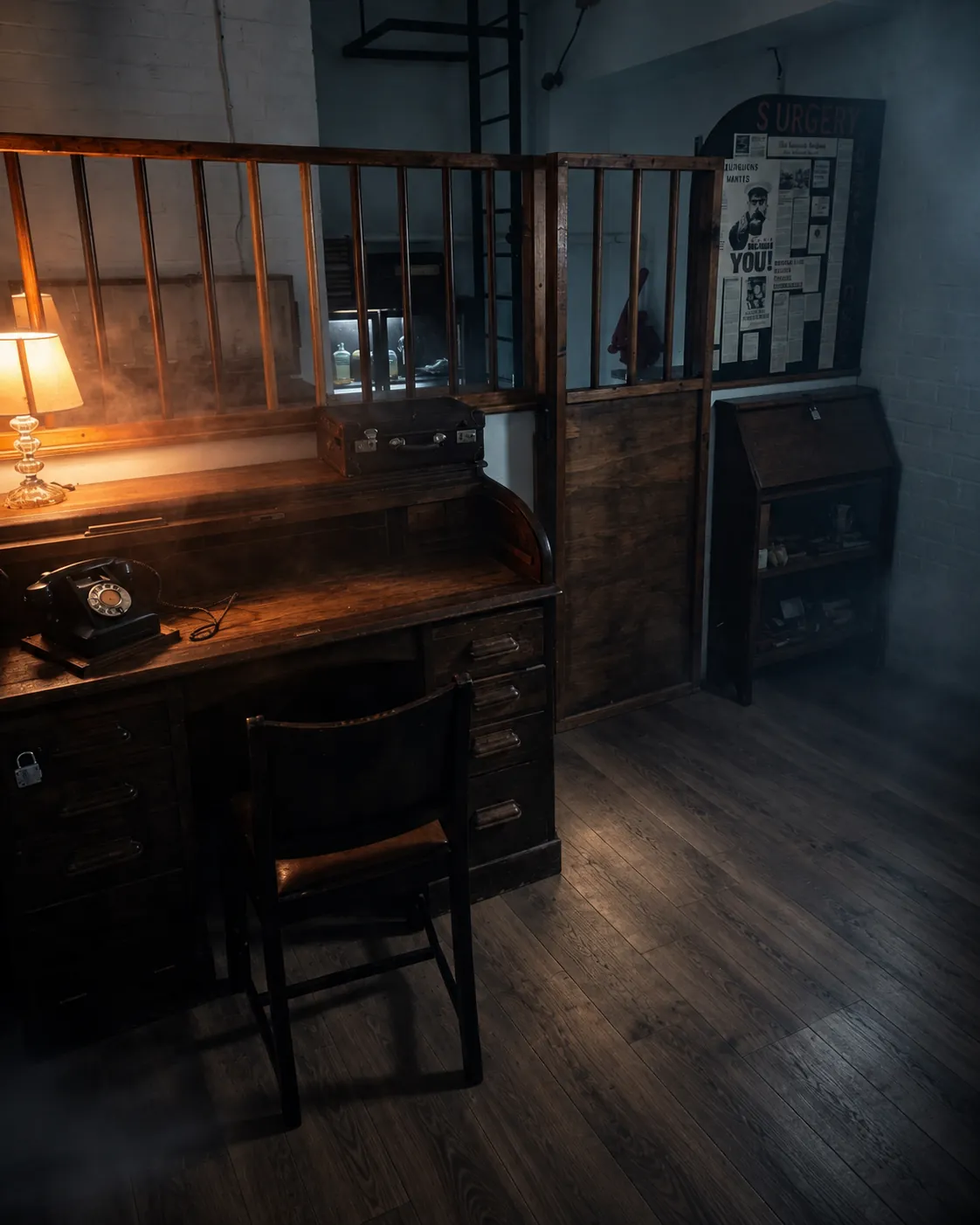 Inside Death By Prescription: a 1940s doctor's desk with a lamp, telephone and bureau