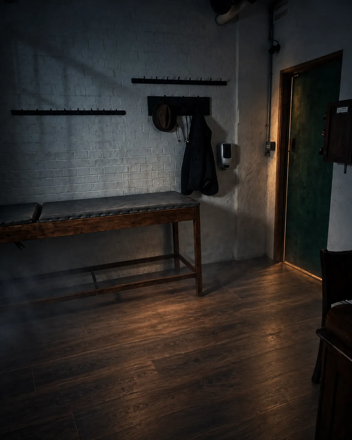 Inside Death By Prescription: the 1942 surgery, with a wooden bench and coat hooks