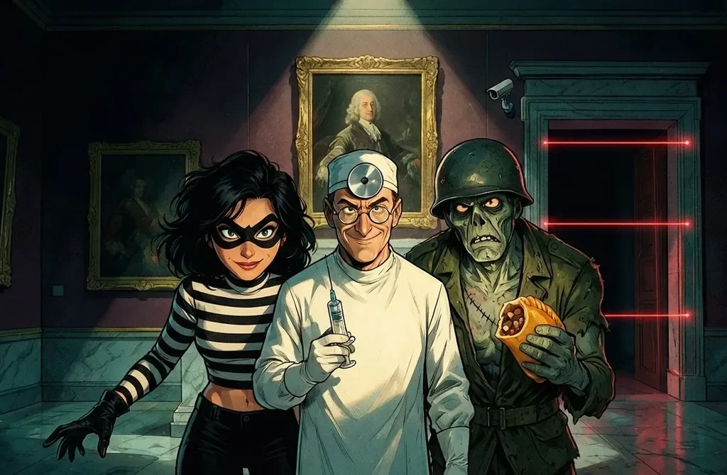 Escape Rooms Cornwall artwork: an art thief, a 1940s surgeon and a zombie soldier mid-heist in a laser-guarded gallery