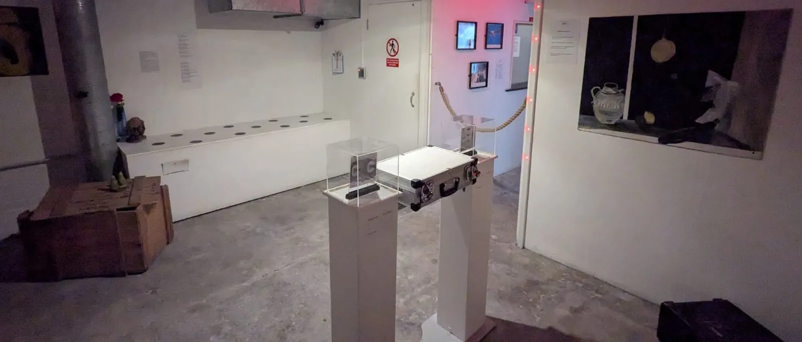 Inside The Lamorna Brown Affair: the gallery, with a display case on a plinth
